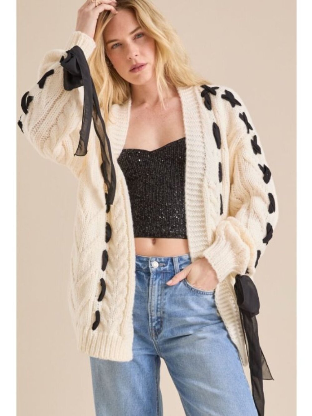 ALTAR'D STATE callia ribbon cardigan in cream size S